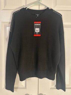 Express Black Crewneck Sweater with Shoulder Studs